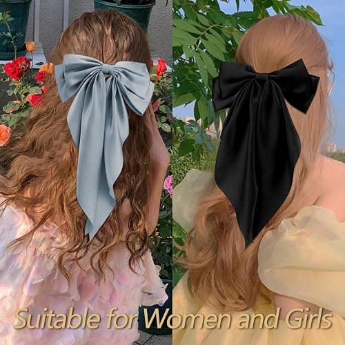 Velscrun 3Pcs Hair Accessories for Women - Black, White, and Navy Blue Oversized Satin Bows with Long Tails and Clips for Girls - Hair Barrettes Gift Set thumbnail 4