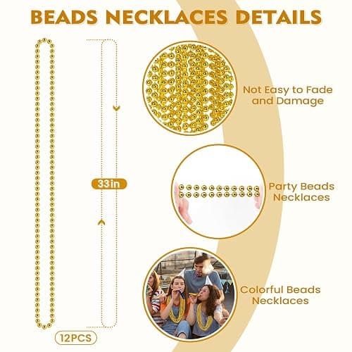 SHAOQINLIN 12 PCS Gold Bead Necklace, Mardi Gras Beads Christmas Necklaces 33" Metallic Beaded Costume Party Necklaces for Parade Throws, Wedding, Birthday, Pirate Party Favors thumbnail 2