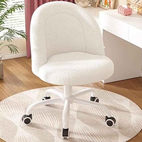 DurayLoly White Vanity Chair with Wheels, Cute Desk Chair with Back, Armless Office Chair Height Adjustable, Soft Lumbar Support for Small Space, Bedroom thumbnail 4