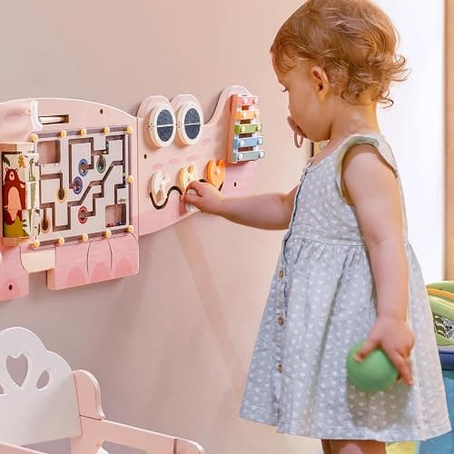 ROBOTIME Crocodile Busy Board Wall Panels for Toddlers, Pink Montessori Sensory Activity Board, Montessori Sensory Wall-Mounted Learning Center Toy for Kids Room, Educational Toys for Boys & Girls thumbnail 2