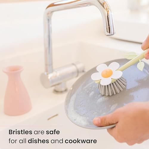 Vigar Florganic Daisy-Shaped Dish Brush with Vase Dish Brush Holder, Dish Brush with Handle, for Pot Scrubber, Kitchen Dishes, and Sink Cleaning, Pink thumbnail 2