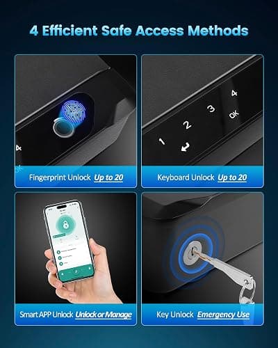 Adoreal Smart Biometric Gun Safe for Handguns, 4 Ways Quick-Access Fingerprint Gun Safe for Pistols, Fingerprint/Digital Keypad/Key/APP Gun Locks Box for 2 Guns, Sturdy Heavy Steel Construction thumbnail 5