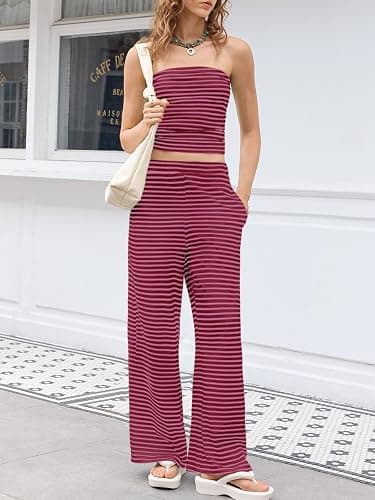 Tankaneo Womens Striped 2 Piece Set Summer Tube Tops Pants Matching Sets | Strapless Crop Tube,Elastic Waist Wide Leg Pants,Lounge Sets,Sleeveless Tank,Slim Fit,Vacation Beach Outfits,Cute,Y2k thumbnail 2