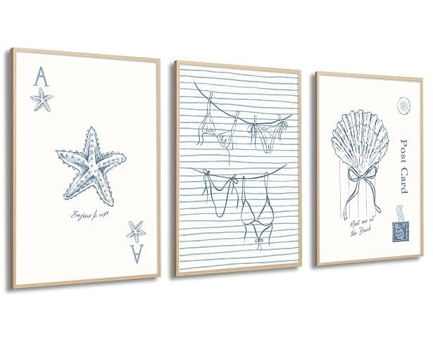 Blue Coastal Beach Wall Art Posters Beachy Preppy Room Decor Wall Art Granddaughter Summer Prints Aesthetic Bikini Seashells Starfish Poker Artwork Canvas for Dorm Bedroom 12x16x3 Inch Unframed - Image 1