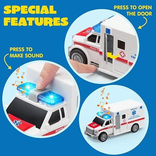 JOYIN 4 Packs Emergency Vehicle Toy Playsets, Friction Powered Vehicles with Light and Sound, Including Fire Truck, Ambulance, Play Police Car and Helicopter, Christmas Toddler Kids Boys Gifts thumbnail 6