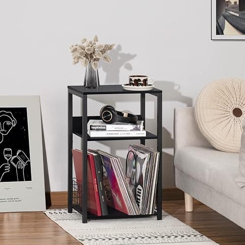 LELELINKY Black End Table, Small Side Table with Metal Frame,Modern Record Player Stand with Storage Shelf, Wood 3 Tier Sofa Bedside Tables, Narrow Nightstand for Living Room Bedroom Office thumbnail 8