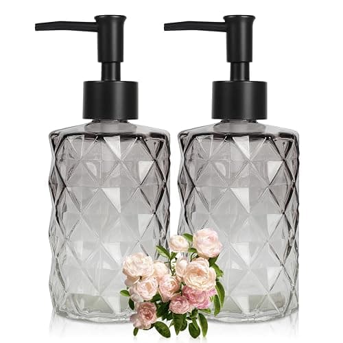 Ulable Glass Soap Dispenser with Plastic Pump, 2 Pack 12oz Gradient Diamond Design Black Soap Dispenser for Dishwashing Liquid, Lotion Shower Gel - Image 1
