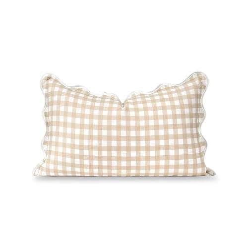 Hofdeco Premium Coastal Hampton Scalloped Patio Indoor Outdoor Lumbar Pillow Cover Only, 12"x20" Water Repellent for Backyard, Couch, Poolside, Neutral Tan Print Gingham - Image 1