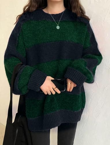 EMMIOL Women's Oversized Striped Sweaters 2025 Fall Trendy Long Sleeve Knit Outfits Crewneck Fashion Pullover Tops thumbnail 4