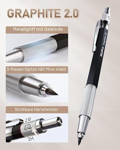 Nicpro 30 Stück Kunst Druckbleistifte Set mit Ledertasche, Metall Bleistifte 0,5, 0,7, 0,9, 2 mm mit 16 Tuben (6B 4B 2B HB 2H 4H CR) Minen (Schwarz und Farben), Zeichenstifte für Skizzieren, Zeichnen thumbnail 2