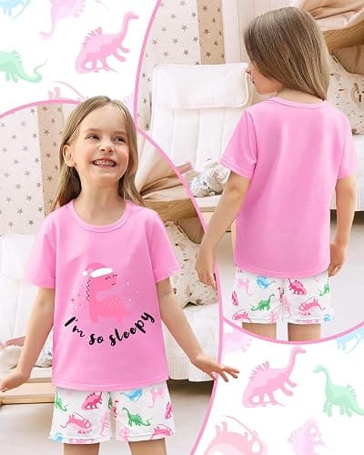 Nidoul Girls Pajamas Short Sleeve Toddler Summer Pjs Girls' Sleepwear 2 Pieces Lounge Sets Kids Clothes 3T-14Y - Pink Dino - 3-4T thumbnail 2