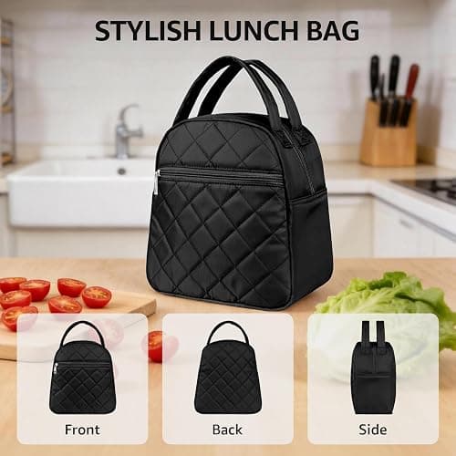 Paquesta Lunch Bag Women Stylish Quilted Lunch Boxes for Adult | Fit and Fresh Cooler Insulated Lunchbox for Work Large 11 Liters Cute Compact Lunchbag Waterproof Black thumbnail 6