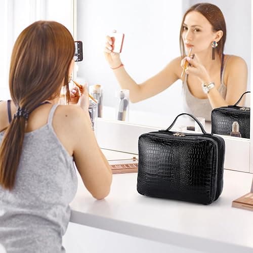 ZQQZAN Travel Makeup Bag - Large Capacity Cosmetic Bag with Makeup Brush Bag, Leather Makeup Travel Case Open Flat Makeup Case, Cute Makeup Organizer Bag for Women Girls, Black thumbnail 3