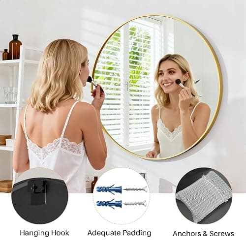 Bathroom Mirror for Wall, 20 Inch Round Mirror, Matte Gold Metal Framed Circle Vanity Mirror for Bathroom Bedroom Living Room Entryway, Anti-Rust, Tempered Glass, Hanging or Leaning thumbnail 6