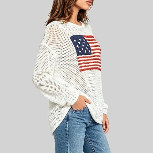 American Flag Sweater for Women Crochet Knit Long Sleeve USA Crewneck Sweatshirt Hollow Out 4th of July Sweater Tops thumbnail 3