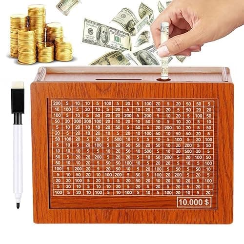 2025 New Cash Vault Wooden Savings Box, 10000 Savings Challenge Box, Wooden Cash Saver Money Box, Wooden Money Saving Challenge Box Cash Saving Box with Money Target and Numbers ($10000) - Image 1