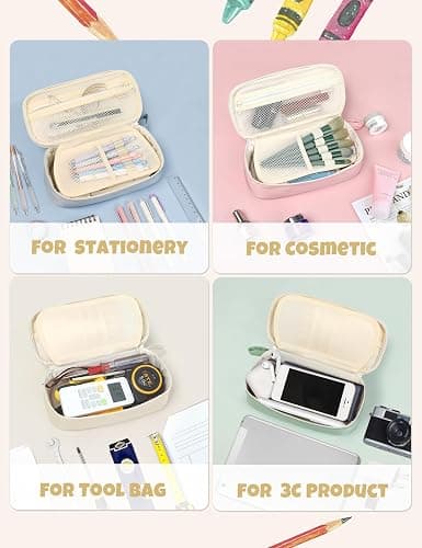 SUNEE Cute Pencil Case, Aesthetic Pen Pouch, Colored Large Pencil Bag with Zipper, Kawaii Stationery Storage and Organizer, School Supplies for Teen and Adult Girls, Beige thumbnail 7
