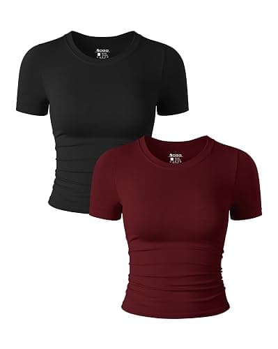 OQQ Womens 2 Piece Shirts Short Sleeve Crew Neck Ruched Stretch Fitted Tee Shirts Crop Tops - Image 1