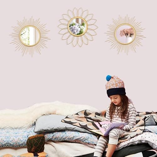 3 Pack Metal Mirrors for Wall Sunburst Wall Mirrors Home Décor Decorative Hanging Wall Art for Living Room Bedroom Entryway (Gold, Flower+Sunburst) thumbnail 2