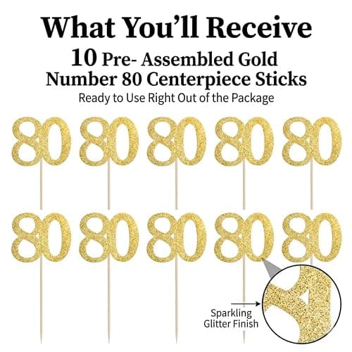 10Pcs Gold 80th Birthday & Anniversary Centerpiece Sticks, Pre-Assembled | Pre-assembled double-sided sticks for vases, party tables, vases, cakes, dessert tables and party displays thumbnail 5