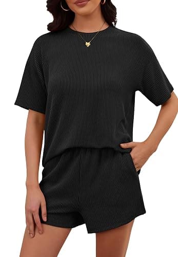 RUBZOOF 2 Piece Sets for Women Summer Outfits Lounge Sets | Ribbed Textured Knit Two Piece Short Sets, Short Sleeve Crewneck Matching Sets, Casual Fashion Vacation Travel Outfits thumbnail 3