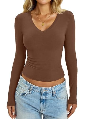 EasyGala Womens Cotton Long Sleeve Shirts V Neck Slim Fit Tops Basic Tees Going Out Outfits 2025 Fall Spring - Brown - Medium thumbnail 2