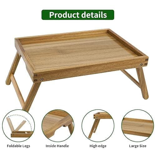 VaeFae Acacia Bed Table Tray, Wooden Breakfast Tray with Folding Legs, Bed Tray for Eating and Laptop, Eating Trays for Bedroom thumbnail 5