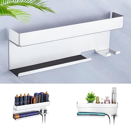 WAYASI Hair Dryer Holder Wall Mount, Hair Straightener Holder for Curling Iron Styler Accessory, Hair Dryer Storage, Adhesive Hairdryer and Straightener Holder, Hair Tool Organiser (Silver) - Image 1