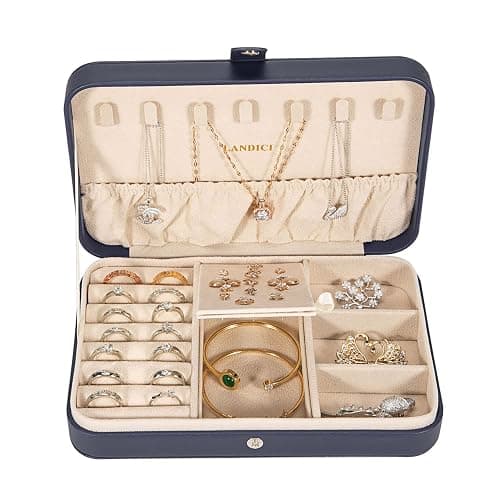 LANDICI Small Jewelry Box for Women Girls, PU Leather Travel Jewelry Case, Portable Jewelry Organizer Storage Holder Display for Ring Earrings Necklace Brooch Men Kids Gift, Dark Blue thumbnail 4