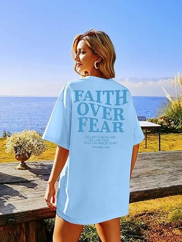 BANGELY Faith Over Fear Shirt Women Graphic Shirts Oversized Workout Gym Christian Religious Tees Drop Shoulder Tee Tops thumbnail 3