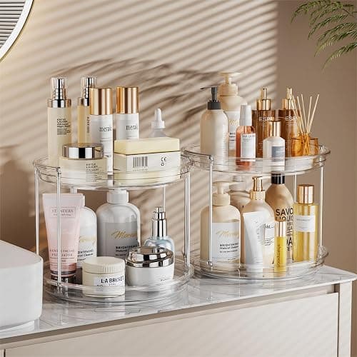 LAMU Rotating Makeup Organizer for Vanity, 10.6in 2 Tier Lazy Susan Turntable Stackable Spinning Skincare Organizer Cosmetic Perfume Tray Display for Bathroom Counterop, Large Capacity, Clear thumbnail 5