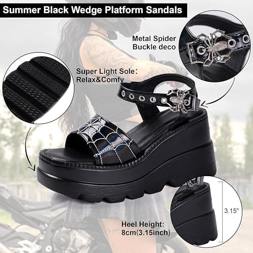 Gothniero women black platform sandals goth chunky wedge heel summer sandals girls gothic punk platform sandals for women metallic spider buckles slides size 5.5-11 thumbnail 7