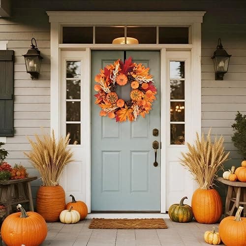 20 Inch Fall Wreaths Decorations Maples Autumn Wreath with Hanger | Leaf Pumpkin Pine Cone Berry For Thanksgiving Harvest Farmhouse Outdoor Indoor Window Wall thumbnail 2