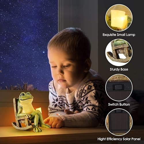 FOXMIS Miniature Frog Garden Statue Mom Gifts Home Decorations Fairy Garden Accessories Outdoor Lights Solar Garden Frog Decor Art Housewarming Gift for Patio,Yard,Lawn Ornament,3.89"x2.36"x3.93 thumbnail 5