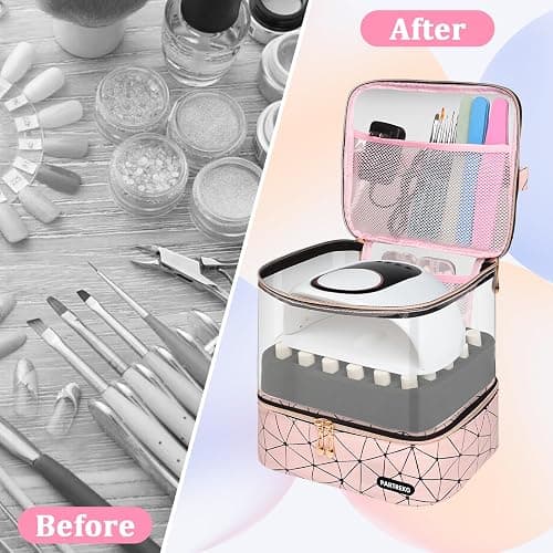 Partreko Clear Nail Polish Organizer Holds 60 Bottles (15ml/0.5fl.oz)& Nail Lamp, Double Layer Nail Supplies Organizer Case Transplant, PU Leather Nail kit Storage Bag for Manicure Tools (Pink) thumbnail 6