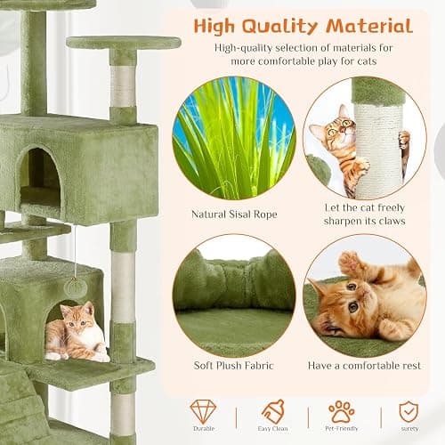 Sweetcrispy 54 Inch Cat Tree Tower, Multi-Level with Cat Scratching Post, Indoor Cat Condo with Climbing Ladder, Plush Toy, Play House for Cat, Green thumbnail 5