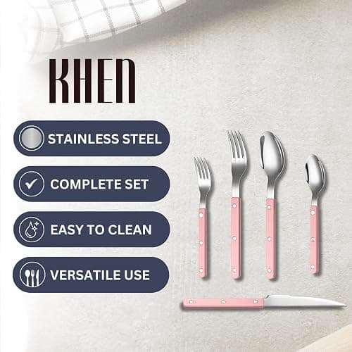 Khen Cutlery Set of 20 Pieces, 18/8 Stainless Steel Flatware, Modern Silverware for Home, Kitchen, Dining & Table Setting for 4, Dishwasher Safe, Lightweight & Ergonomic Design Gift - Pink thumbnail 5