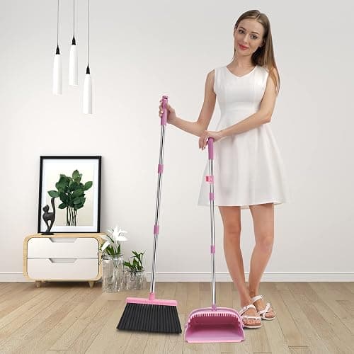 kelamayi Broom and Dustpan Set for Home, Office, Indoor&Outdoor Sweeping, Stand Up Broom and Dustpan (Pink) thumbnail 7