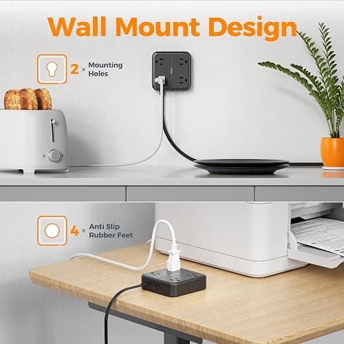Surge Protector Flat Extension Cord 10FT, TESSAN Flat Plug Power Strip with 4 Outlets 3 USB Ports (1 USB C), 900 Joules Protection, Multiple Wall Outlet Extender Suitable for Home Office Dorm, Black thumbnail 8