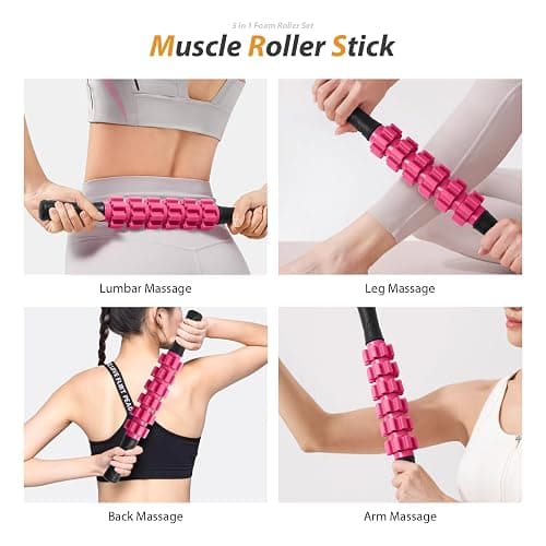 5 in 1 Foam Roller Set for Deep Tissue Muscle Massage, High Density Fitness Exercise Foam Roller, Massage Roller, Massage Ball, Resistance Band, for Whole Body (Pink-Black) thumbnail 4