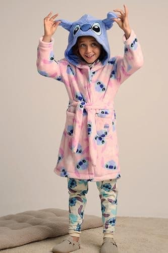Girls' Stitch Fleece Robe – Soft and Cosy Hooded Dressing Gown with Cute Stitch Ears and Floral Print | Nightwear Ages 7-12 - V3_9817 - 9-10 Years thumbnail 4