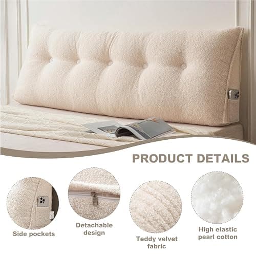 Headboard Pillow Bed Wedge Pillow for Headboard with Side Pockets Dorm Headboard Twin XL Long Back Pillow for Bed Bolster Pillow for Mattress,White,60x 50x20cm thumbnail 6