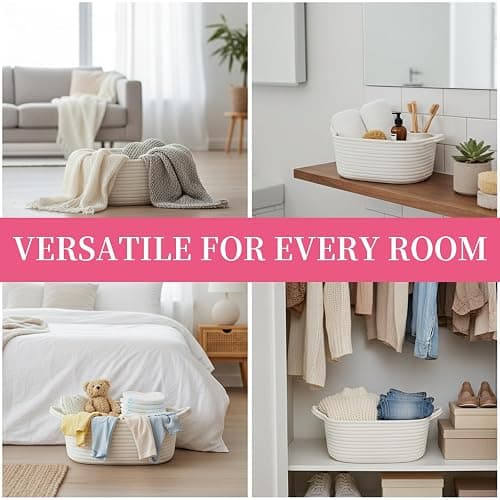 Woven Basket – Small Woven Storage Basket With Handle, Gift Basket Empty, Small Baskets for Gifts, Cotton Rope Basket for Dog Toy, Towel, Easter Egg, Home Organisation, Nursery, Bathroom, Bedroom thumbnail 6