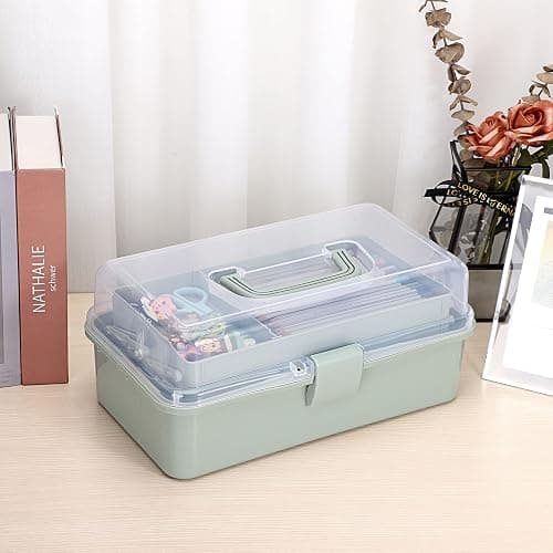 BTSKY 3-Layer Plastic Dividing Storage Box Craft Organizer and Storage with Adjustable Spacers Portable Handled Art Supply Organizer Multipurpose Home Utility Box for Medicine Sewing(Haze Green) thumbnail 2