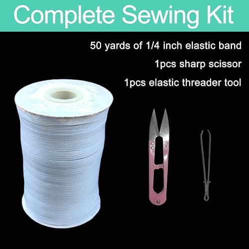 1/4 Inch White Elastic Band 50 Yards High Stretchy Flat Elastic Cord for Sewing & Crafts | Includes Sewing Scissors & Elastic Threader Tool thumbnail 4