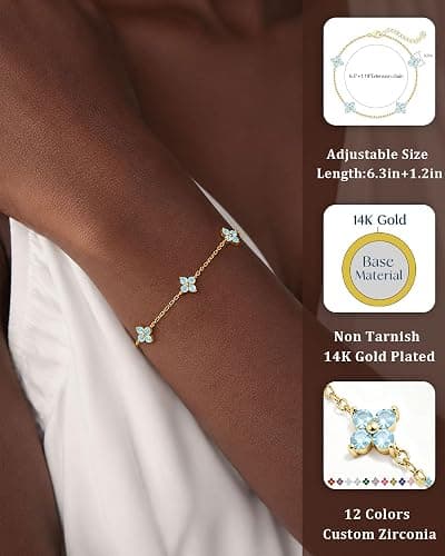SOLEVAN Clover Birthstone Gold Bracelets for Women Trendy Non Tarnish | Dainty 14K Gold Plated Stackable Cute Charm Friendship Bracelet Stack Wedding Prom Gold Jewelry Birthday Gift for Best Friend thumbnail 3