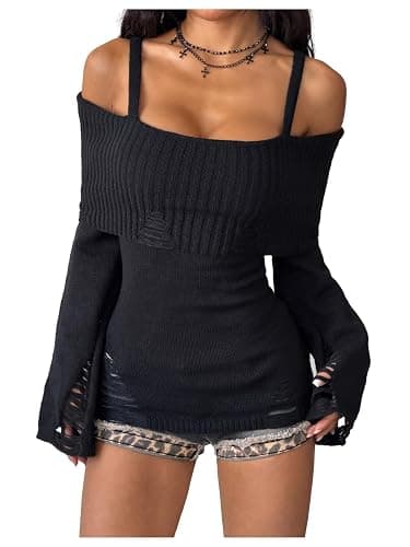 SOLY HUX Women's Cold Shoulder Ripped Sweater Goth Punk Long Sleeve Fitted Jumper Pullovers thumbnail 2