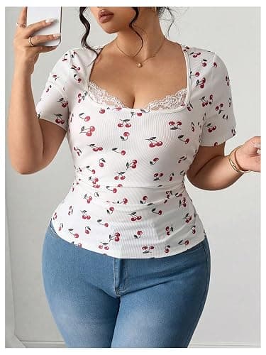 SOLY HUX Women's Plus Size Lace Trim Tops Cherry Print T Shirts Short Sleeve Fitted Aesthetic Tees Coquette Clothes thumbnail 4