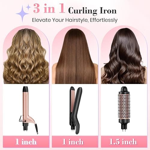 Ufree 3 in 1 Curling Iron, Curling Wand Set with Thermal Brush Flat Iron Hair Straightener, Dual Voltage Wand Curler, Instant Heat Up Hair Curler, Include Protective Glove 2 Clips, Gifts for Women thumbnail 2