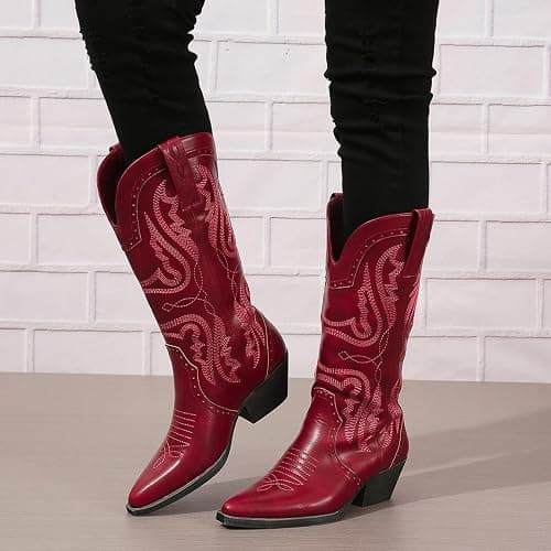 Cowboy Boots for Women Cowgirl Mid Calf Western Boots Embroidered Stitched Pointed Toe Chunky Block Heel Brown Red Black US5-11 thumbnail 3